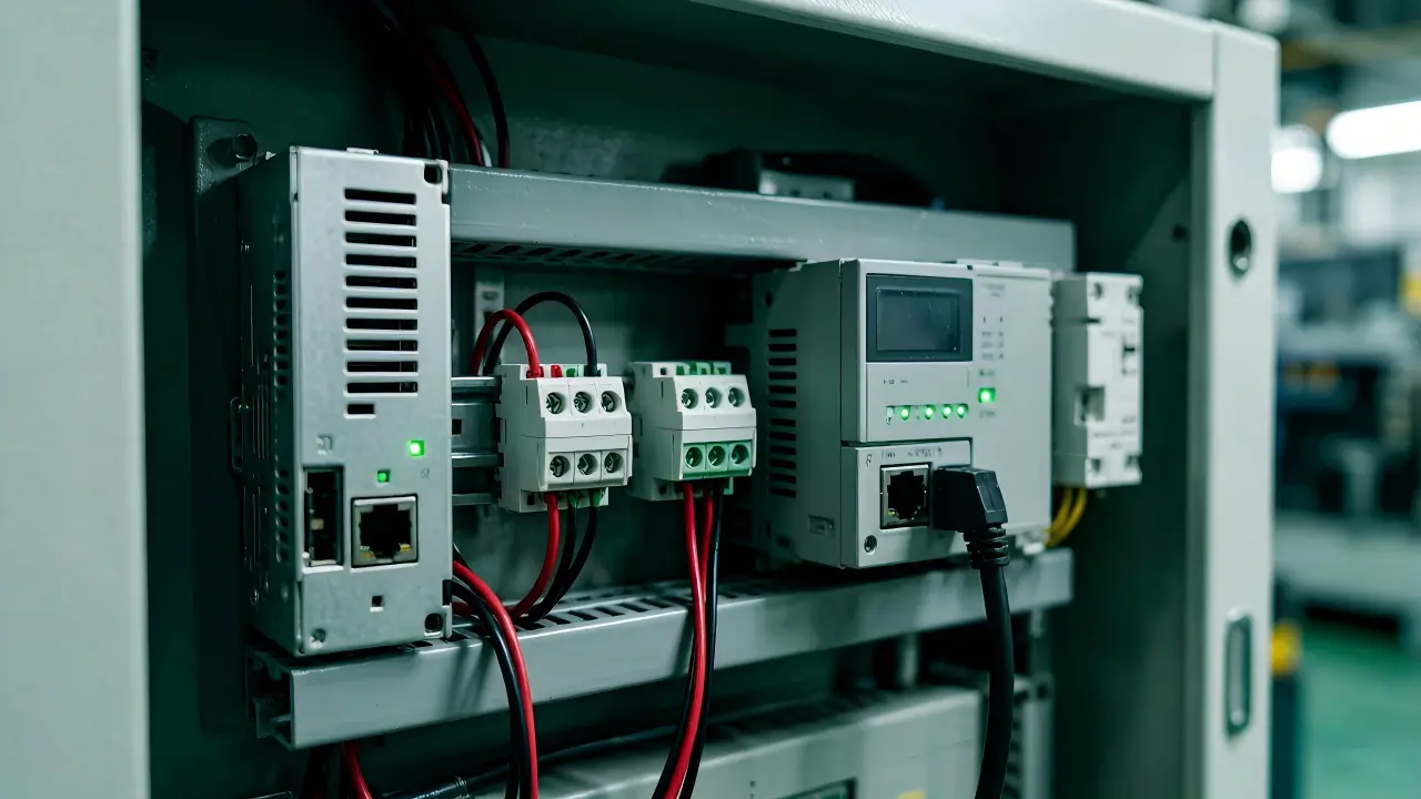 Control cabinet with DIN rail mounted power supplies and PLC installed
