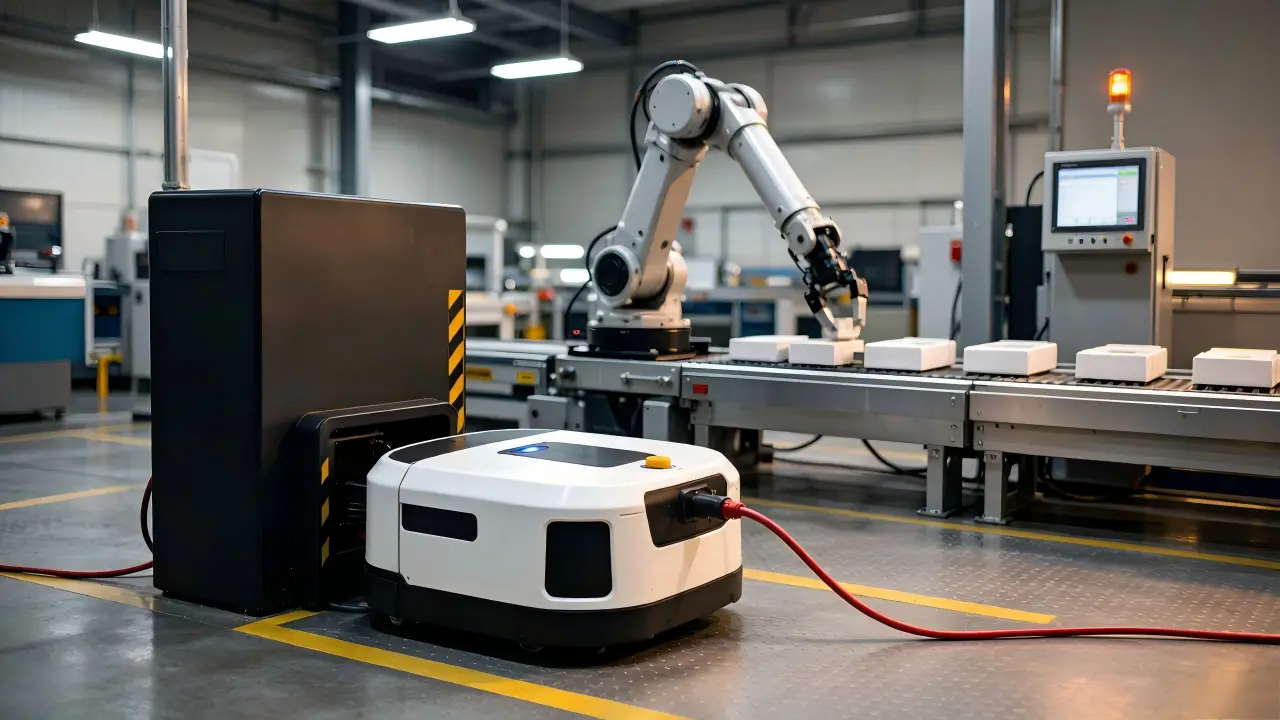 AGV autonomous mobile robot charging at docking station in smart factory with robotic arm